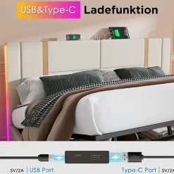 Lit coffre 140x200 cm - Lit double capitonné avec LED et chargement USB Type C - Textile en lin - Matelas Inclus - Beige