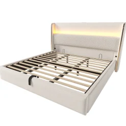 Lit Coffre 180x200 cm - Lit Double avec Sommier Relevable et Rangement - Ports USB Type-C - Tissu Lin Beige - Sans Matelas