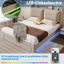 Lit coffre 180x200 cm - Lit Double Capitonné avec Tiroirs et Éclairage LED - Velours - Sans Matelas - Beige