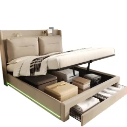 Lit coffre 180x200 cm - Lit Double Capitonné avec Tiroirs et Éclairage LED - Velours - Sans Matelas - Beige