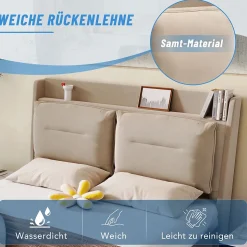 Lit coffre 180x200 cm - Lit Double Capitonné avec Tiroirs et Éclairage LED - Velours - Sans Matelas - Beige