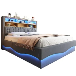 Lit Coffre 180x200 cm - Lit Double avec Rangement Hydraulique et Éclairage LED APP - avec Port USB - Lin et Métal - Gris