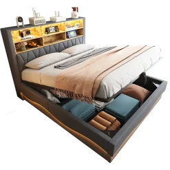 Lit Coffre 180x200 cm - Lit Double avec Rangement Hydraulique et Éclairage LED APP - avec Port USB - Lin et Métal - Gris