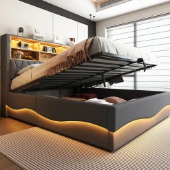 Lit Coffre 180x200 cm - Lit Double avec Rangement Hydraulique et Éclairage LED APP - avec Port USB - Lin et Métal - Gris