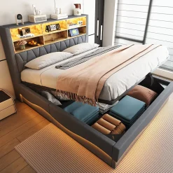 Lit Coffre 180x200 cm - Lit Double avec Rangement Hydraulique et Éclairage LED APP - avec Port USB - Lin et Métal - Gris