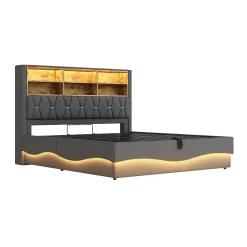 Lit Coffre 180x200 cm - Lit Double avec Rangement Hydraulique et Éclairage LED APP - avec Port USB - Lin et Métal - Gris