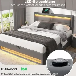 Lit Coffre 140x200 cm - Lit Double Capitonné avec Port USB et Éclairage LED - Similicuir - Gris - Sans Matelas