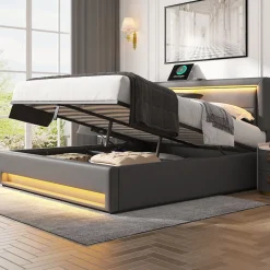 Lit Coffre 140x200 cm - Lit Double Capitonné avec Port USB et Éclairage LED - Similicuir - Gris - Sans Matelas