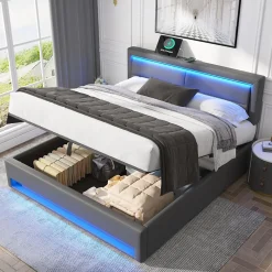 Lit Coffre 140x200 cm - Lit Double Capitonné avec Port USB et Éclairage LED - Similicuir - Gris - Sans Matelas
