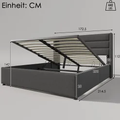 Lit coffre 160x200 cm - Lit double capitonné avec sommier à lattes - Lin - Matelas Inclus - Gris