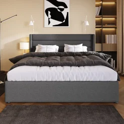 Lit coffre 160x200 cm - Lit double capitonné avec sommier à lattes - Lin - Matelas Inclus - Gris