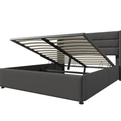 Lit coffre 160x200 cm - Lit double capitonné avec sommier à lattes - Lin - Matelas Inclus - Gris