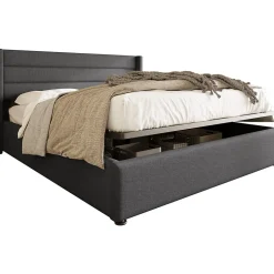 Lit coffre 160x200 cm - Lit double capitonné avec sommier à lattes - Lin - Matelas Inclus - Gris