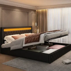 Lit coffre 180x200 cm - Lit double avec coffre de rangement et éclairage LED - Lit capitonné en cuir PU - Sans matelas - Noir