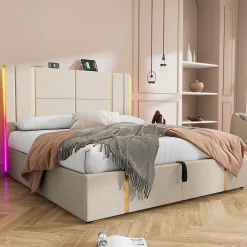 Lit coffre 180x200 cm - Lit double capitonné avec LED et USB Type C - Textile en lin - Sans Matelas - Beige