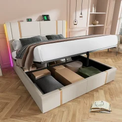 Lit coffre 180x200 cm - Lit double capitonné avec LED et USB Type C - Textile en lin - Sans Matelas - Beige
