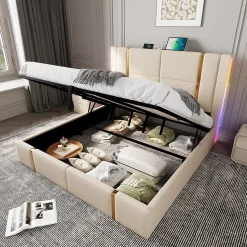 Lit coffre 180x200 cm - Lit double capitonné avec LED et USB Type C - Textile en lin - Sans Matelas - Beige