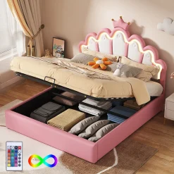 Lit Coffre 140x200 cm - Lit Double enfant avec Lumière d'Ambiance Réglable, Capitonné, MDF et Similicuir, Rose, Sans Matelas