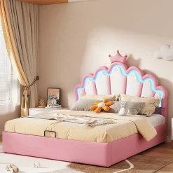 Lit Coffre 140x200 cm - Lit Double enfant avec Lumière d'Ambiance Réglable, Capitonné, MDF et Similicuir, Rose, Sans Matelas