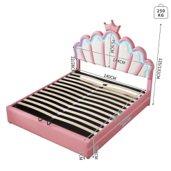 Lit Coffre 140x200 cm - Lit Double enfant avec Lumière d'Ambiance Réglable, Capitonné, MDF et Similicuir, Rose, Sans Matelas