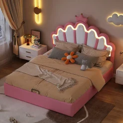 Lit Coffre 140x200 cm - Lit Double enfant avec Lumière d'Ambiance Réglable, Capitonné, MDF et Similicuir, Rose, Sans Matelas