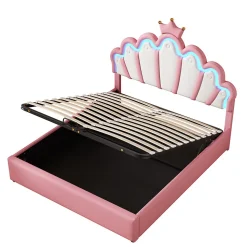 Lit Coffre 140x200 cm - Lit Double enfant avec Lumière d'Ambiance Réglable, Capitonné, MDF et Similicuir, Rose, Sans Matelas