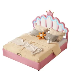 Lit Coffre 140x200 cm - Lit Double enfant avec Lumière d'Ambiance Réglable, Capitonné, MDF et Similicuir, Rose, Sans Matelas