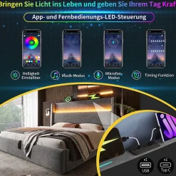 Lit Coffre 180x200 cm - Lit Double avec Sommier Relevable et Rangement - LED et Ports USB Type-C - Tissu Lin Gris - Sans Matelas