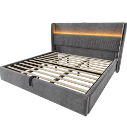 Lit Coffre 180x200 cm - Lit Double avec Sommier Relevable et Rangement - LED et Ports USB Type-C - Tissu Lin Gris - Sans Matelas