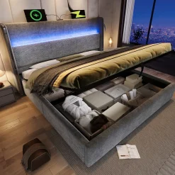 Lit Coffre 180x200 cm - Lit Double avec Sommier Relevable et Rangement - LED et Ports USB Type-C - Tissu Lin Gris - Sans Matelas