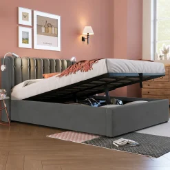 Lit Coffre 160x200 Cm - Lit Double avec Lampe de Lecture et Ports USB - Velours - Sans Matelas - Gris