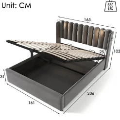 Lit Coffre 160x200 Cm - Lit Double avec Lampe de Lecture et Ports USB - Velours - Sans Matelas - Gris