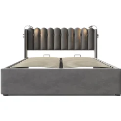 Lit Coffre 160x200 Cm - Lit Double avec Lampe de Lecture et Ports USB - Velours - Sans Matelas - Gris