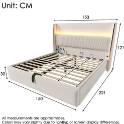 Lit Coffre 140x200 cm - Lit Double avec Sommier Relevable et Rangement - Ports USB Type-C - Tissu Lin Beige - Sans Matelas