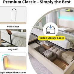 Lit Coffre 140x200 cm - Lit Double avec Sommier Relevable et Rangement - Ports USB Type-C - Tissu Lin Beige - Sans Matelas