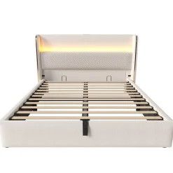 Lit Coffre 140x200 cm - Lit Double avec Sommier Relevable et Rangement - Ports USB Type-C - Tissu Lin Beige - Sans Matelas