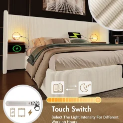 Lit coffre 180x200 cm - Lit double capitonné avec table de chevet et lampe de lecture - Velours côtelé - Sans Matelas - Beige