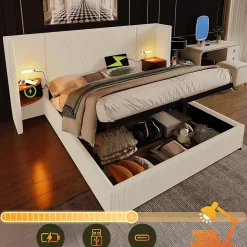 Lit coffre 180x200 cm - Lit double capitonné avec table de chevet et lampe de lecture - Velours côtelé - Sans Matelas - Beige