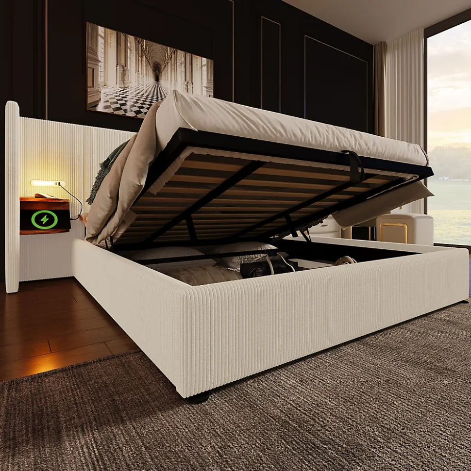 Lit coffre 180x200 cm - Lit double capitonné avec table de chevet et lampe de lecture - Velours côtelé - Sans Matelas - Beige