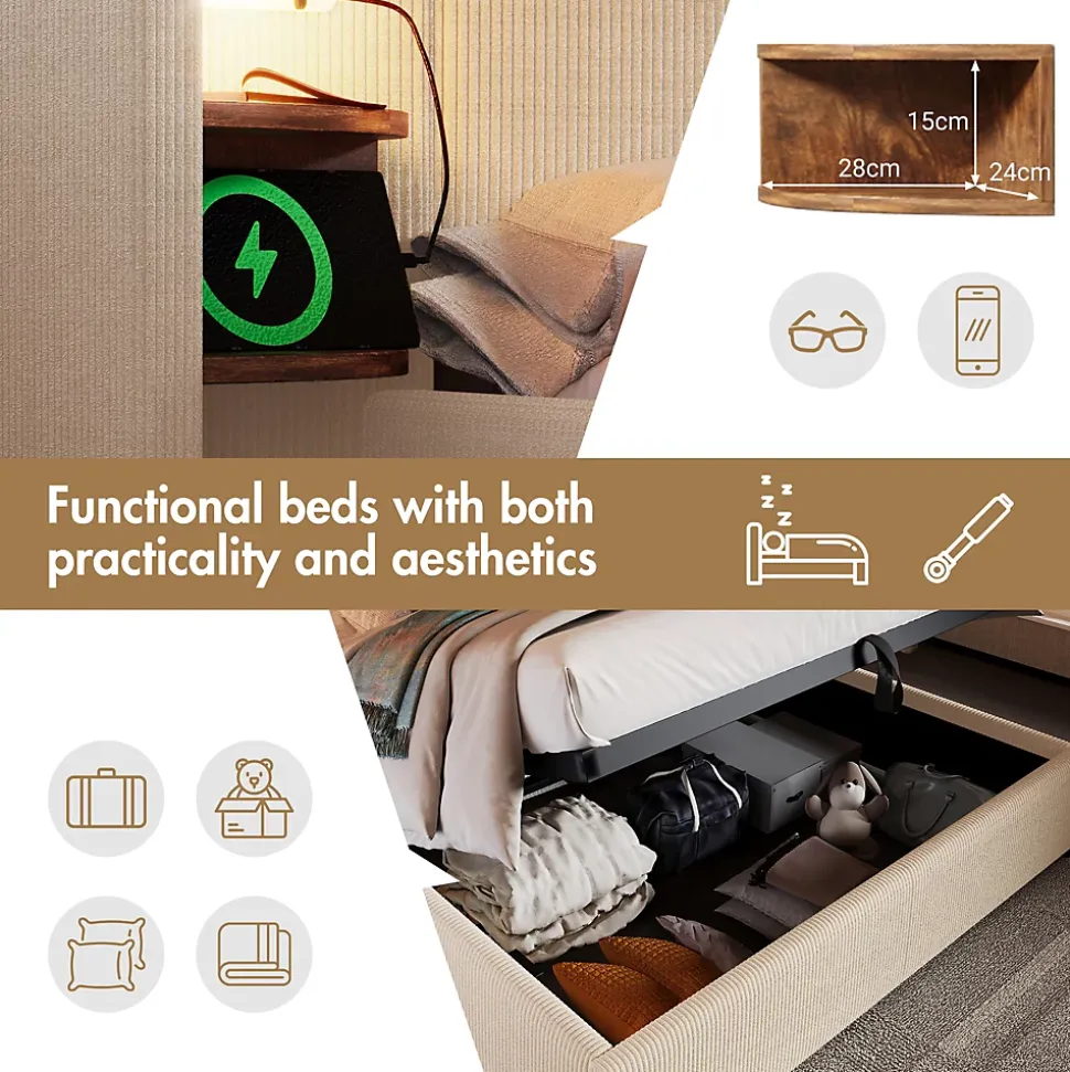 Lit coffre 180x200 cm - Lit double capitonné avec table de chevet et lampe de lecture - Velours côtelé - Sans Matelas - Beige