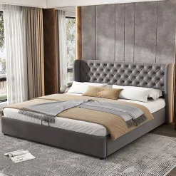 Lit coffre 160x200 cm - Lit double avec sommier à lattes et coffre hydraulique - Velours - Sans Matelas - Gris