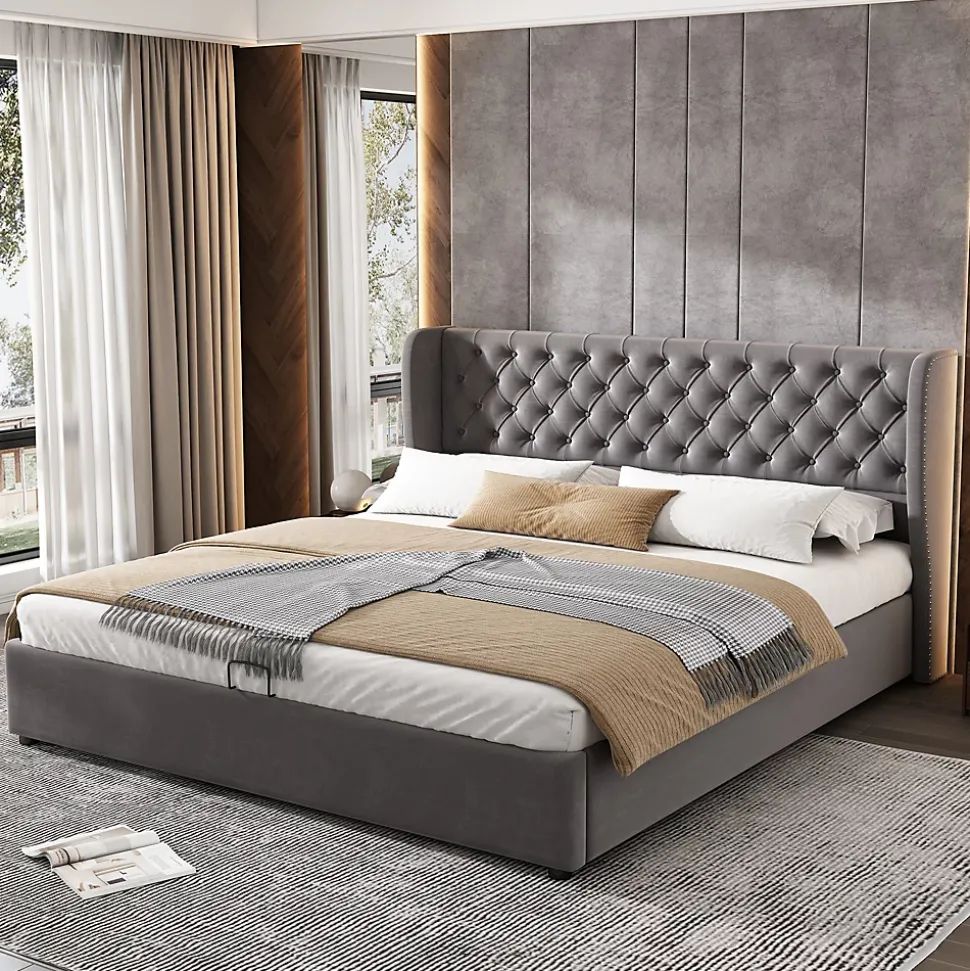 Lit coffre 160x200 cm - Lit double avec sommier à lattes et coffre hydraulique - Velours - Sans Matelas - Gris