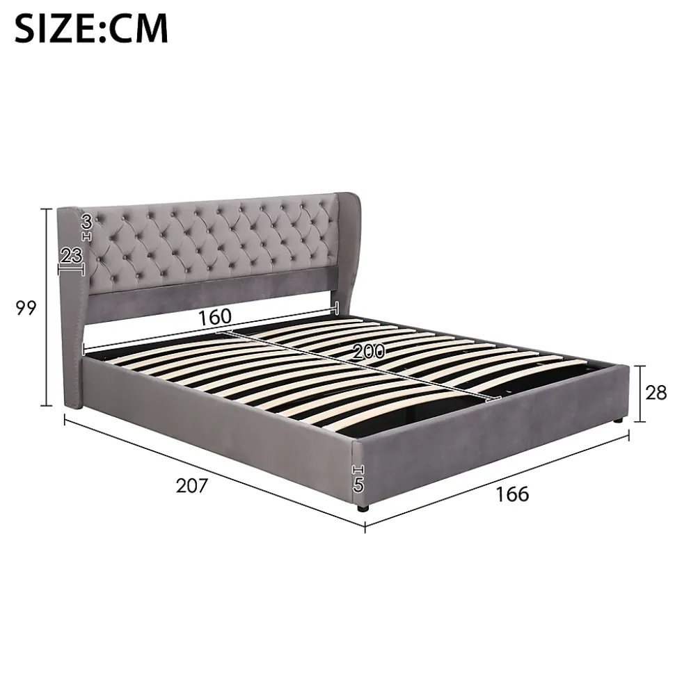 Lit coffre 160x200 cm - Lit double avec sommier à lattes et coffre hydraulique - Velours - Sans Matelas - Gris