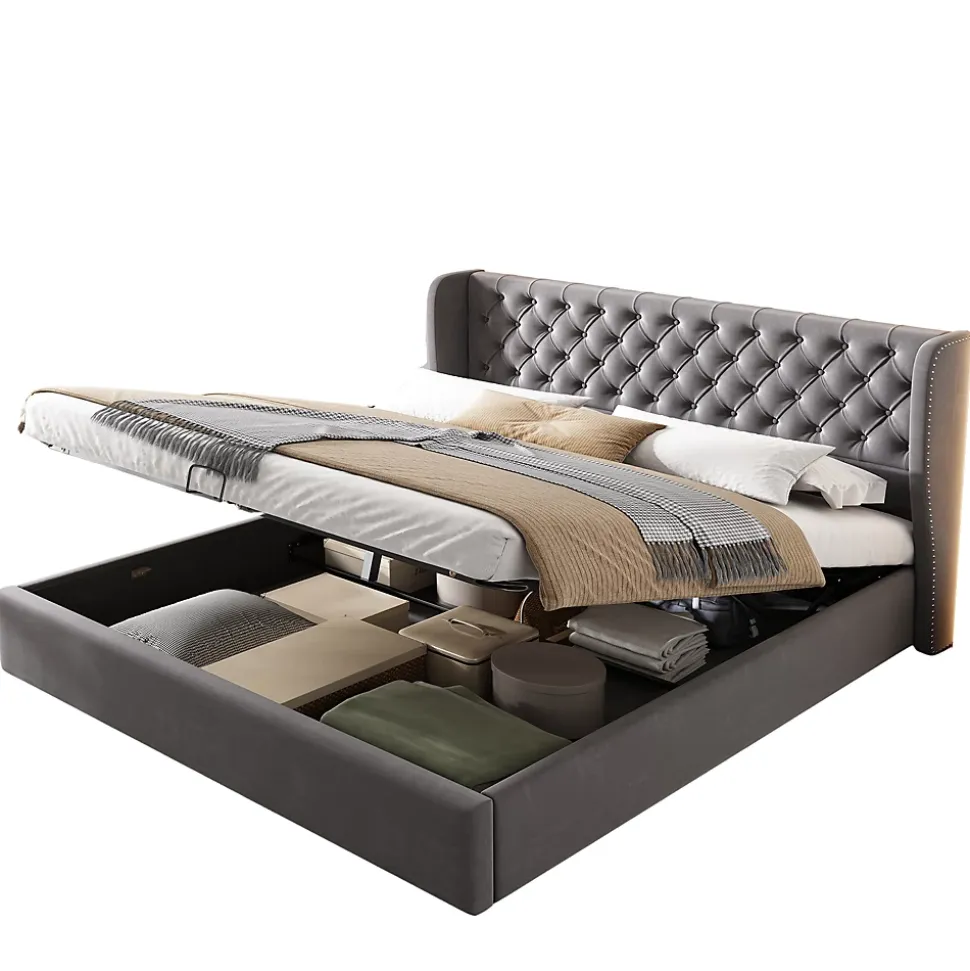 Lit coffre 160x200 cm - Lit double avec sommier à lattes et coffre hydraulique - Velours - Sans Matelas - Gris