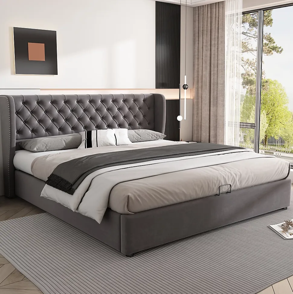 Lit coffre 160x200 cm - Lit double avec sommier à lattes et coffre hydraulique - Velours - Sans Matelas - Gris