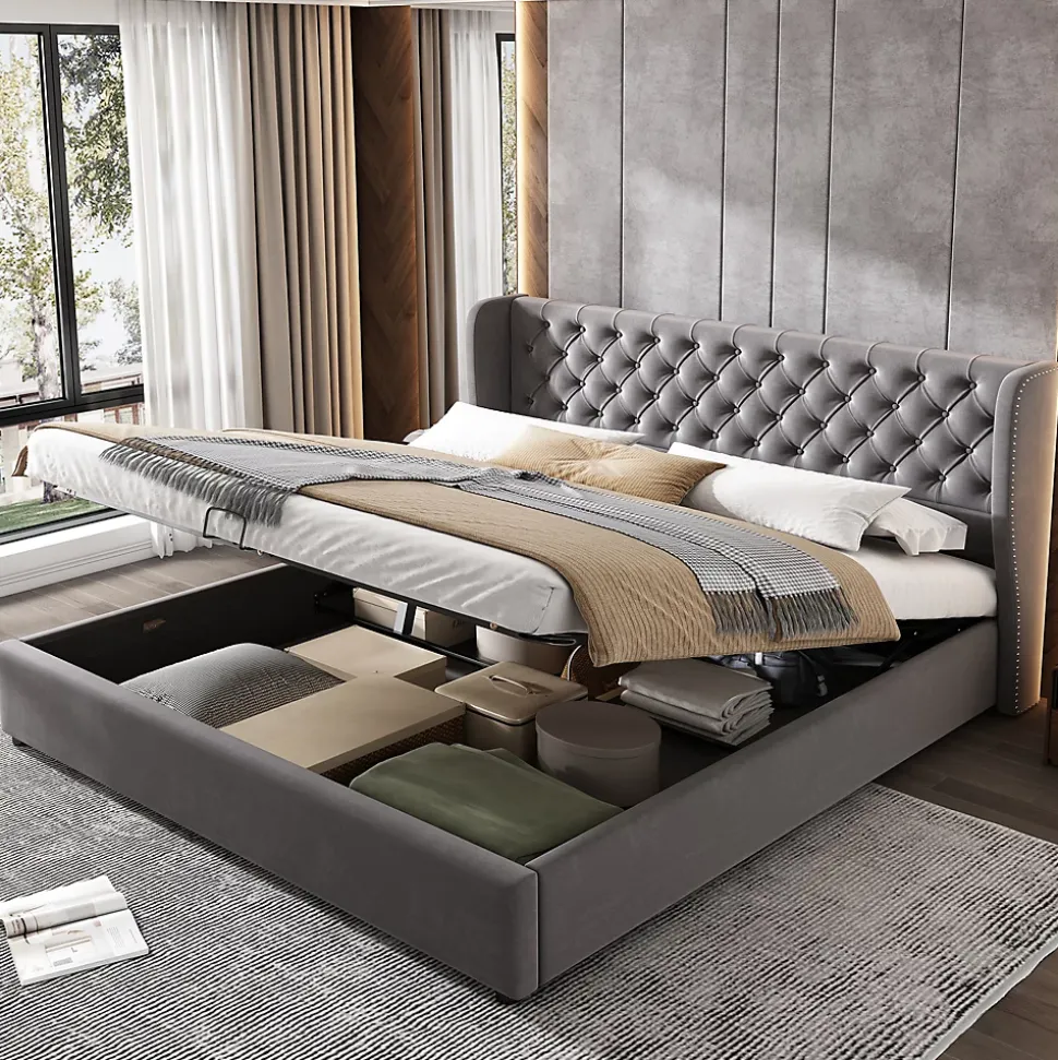 Lit coffre 160x200 cm - Lit double avec sommier à lattes et coffre hydraulique - Velours - Sans Matelas - Gris