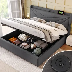 Lit Coffre 160x200 Cm - Lit Double avec Sommier à Lattes et Port USB - Coton Bois Métal - Sans Matelas - Gris