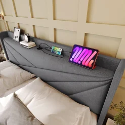 Lit Coffre 160x200 Cm - Lit Double avec Sommier à Lattes et Port USB - Coton Bois Métal - Sans Matelas - Gris