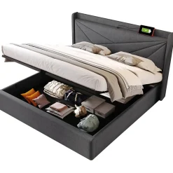 Lit Coffre 160x200 Cm - Lit Double avec Sommier à Lattes et Port USB - Coton Bois Métal - Sans Matelas - Gris