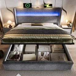 Lit Coffre 160x200 cm - Lit Double avec Sommier Relevable et Rangement - LED et Ports USB Type-C - Tissu Lin Gris - Sans Matelas
